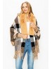 Cashmere Feeling Reversible Plaid Cape w/ Faux Fur Collar